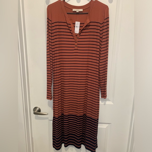LOFT Striped Henley Midi Dress Sz L $89.50 - Picture 4 of 6